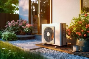 Eine Wärmepumpe steht an einem Haus im Garten